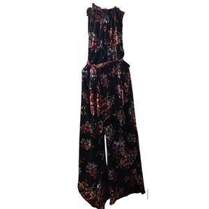Adora Smocked Floral Jumpsuit Wide‎ Leg Sleeveless Black